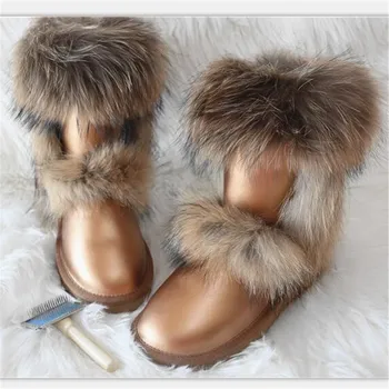 Новинка 2022 года, женские зимние ботинки из водонепроницаемой кожи с лисьим мехом, женская обувь из натуральной кожи, модная обувь, теплые зимние ботинки средней длины