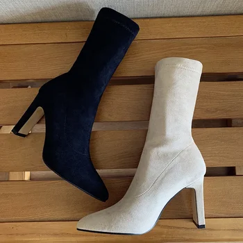 Новые женские ботинки на высоком каблуке, Женская обувь из флока, Пикантные женские зимние Ботильоны на толстом каблуке с острым носком, Обувь большого размера