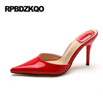 Обувь Лакированная Кожа 33 Босоножки Красные туфлилодочки с острым носком 4 34 Шлепанцы маленького размера Женские туфли на высоком каблуке Китай Лето 2021 г.