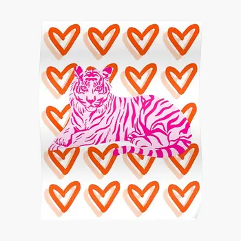 Оранжевый и розовый Абстрактный плакат с Тигром и сердцем, Винтажный принт, Настенная живопись, современное забавное украшение дома, без рамки