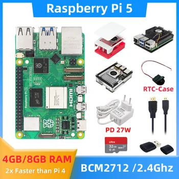 Оригинальный Raspberry Pi 5 4 ГБ 8 ГБ оперативной памяти BCM2712 VideoCore VII GPU Дополнительный Корпус Вентилятор PD 27 Вт Блок Питания RTC Модуль для RPI 5 Pi5