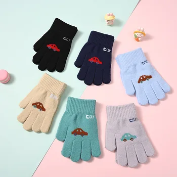 Осенне-зимние новые детские трикотажные теплые перчатки для начальной школы, уличные милые мультяшные плюшевые перчатки для пальцев