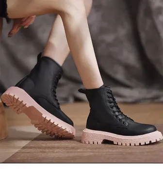 Осенне-Зимние Розово-Черные Ботинки для Женщин, Кожаные Ботинки 2022 года, Женские Ботильоны, Женская Обувь На платформе, Обувь на шнуровке