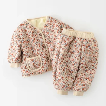 Осенне-зимний комплект детской одежды для девочек 2024 года из плотного хлопка с цветочной каймой, костюм для бега трусцой, однобортный костюм с длинным рукавом