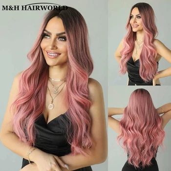 Парики из синтетических волос на кружеве розового цвета Омбре для женщин, Черно-Розовый Косплей, длинный натуральный вьющийся парик, Бесклеевые парики на кружеве