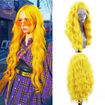 Парики с волнистым кружевом в свободной части, синтетические парики с волнистым кружевом желтого цвета, парики с волнистым кружевом для женщин, термостойкий бесклеевой парик для косплея