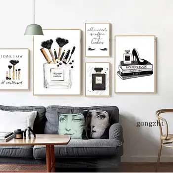 Парфюм, кофе на высоких каблуках, черно-белый плакат, Скандинавский модный макияж, картина на холсте, современная настенная художественная картина для декора гостиной