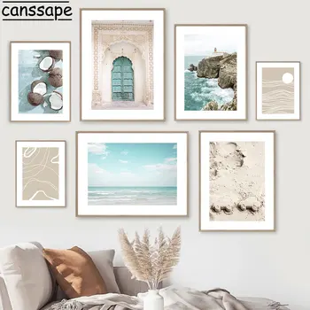Плакат на стену на двери из марокко, принты на холсте с волнами, абстрактные линии, Пляжные картины, плакаты на скандинавскую тематику, украшение гостиной