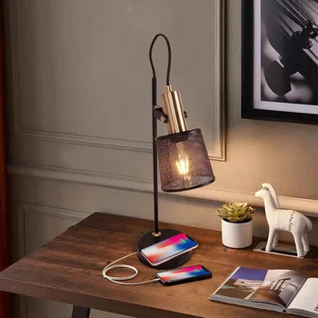 Промышленные настольные лампы в стиле ретро из железной сетки, Беспроводная зарядка /USB с регулируемым переключателем, подключаемый модуль для гостиной, спальни, офиса