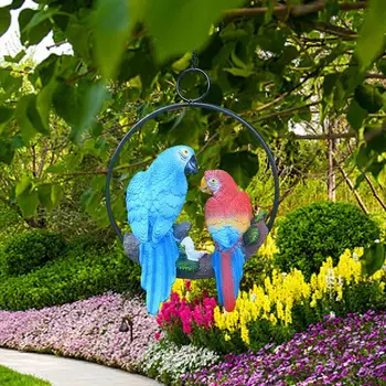 Реалистичная двойная статуя попугая с железным кольцом, устойчивая к атмосферным воздействиям Скульптура животного из смолы, Многоцелевой декор для сада во внутреннем дворике