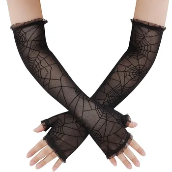 Реквизит для Вечеринки в Баре на Хэллоуин, пикантные черные кружевные перчатки с паутиной, женские рукава с рукавами в полпальца, летние длинные солнцезащитные перчатки для вождения