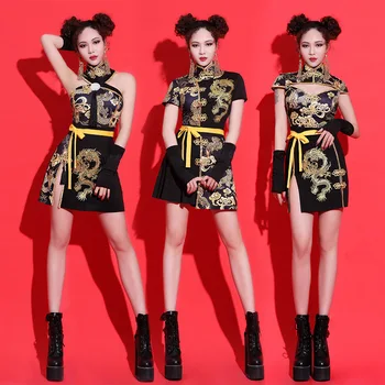 Сексуальная женская одежда в китайском стиле, комплект из 2 предметов, фестивальный костюм с воротником-стойкой, костюм Танг, Азиатские сценические костюмы Чонсам, черный S-XL