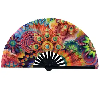 Складной ручной вентилятор для фестивального клуба, женской мужской одежды, подарка для вечеринки, большого бамбукового ручного вентилятора Raves, складного красивого вентилятора