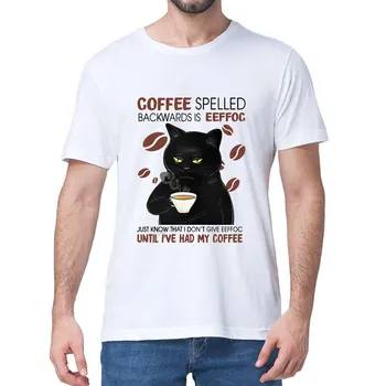 Смешной хлопок Премиум-класса Black Cat Coffee С обратным написанием Eeffoc Мужская футболка Funny Cat Coffee Lover Винтажная Футболка