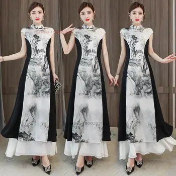 Традиционное китайское винтажное платье 2024 года улучшенное ципао с национальным цветочным принтом cheongsam dress ретро банкетное вечернее платье vestido