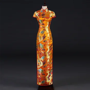Улучшенные Платья В Китайском Стиле С Атласной Вышивкой Дракона Qipao Lady Vintage Воротник Стойка Cheongsam Long Fashion Show Vestidos