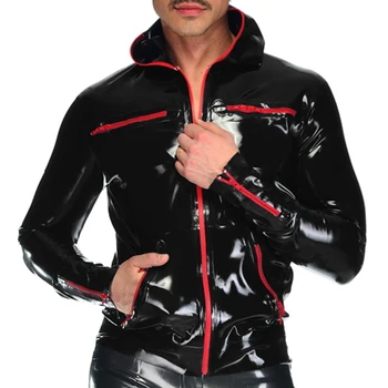 Черная сексуальная куртка из латекса с застежками-молниями на нагрудных карманах, Толстовки, Резиновое пальто, Верхняя одежда YF-0249