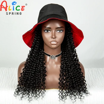 Черно-красная широкополая шляпа с 14-дюймовыми синтетическими наращенными волосами с глубокой волной Соединяет регулируемую шляпу-парик с вьющимися волосами