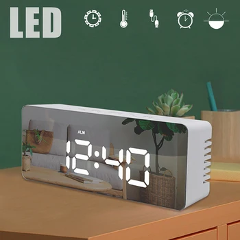Цифровые зеркальные настольные часы со светодиодным дисплеем, будильник, ночники, Температурный календарь, функция повтора, USB-зарядное устройство, украшение стола