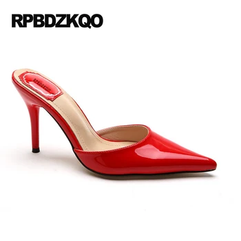 Обувь Лакированная Кожа 33 Босоножки Красные туфлилодочки с острым носком 4 34 Шлепанцы маленького размера Женские туфли на высоком каблуке Китай Лето 2021 г.