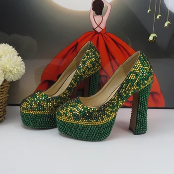 Новое поступление весны 2024 года, женская обувь для вечеринок с зеленым жемчугом и кристаллами, сумки в тон, туфли-лодочки с круглым носком, туфли на платформе и сумочка