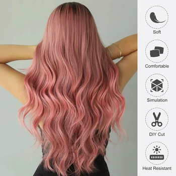 Парики из синтетических волос на кружеве розового цвета Омбре для женщин, Черно-Розовый Косплей, длинный натуральный вьющийся парик, Бесклеевые парики на кружеве