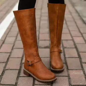 2023 г., высококачественная искусственная кожа, осенне-зимние женские сапоги до колена, Удобные женские ботинки на низком каблуке, Botas Largas De Mujer