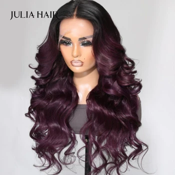 Julia Hair Smokey Deep Purple Ombre 13x4 Кружевной Парик С Объемной Волной Спереди 180% Плотности Человеческих Волос, Насыщенный Фиолетовый Вид Волос, Детские Волосы