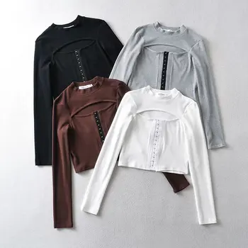 Укороченный топ, женские рубашки, корейская мода, коричневый топ с длинным рукавом, рубашка на пуговицах, уличная дизайнерская рубашка, белые женские топы, черный