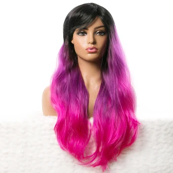 Синтетические длинные Волнистые парики для чернокожих женщин с волосами афроамериканки Оранжево фиолетового цвета с челкой Термостойкий парик